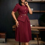 SC Plus Size Solid Color Patchwork Press Pleated Midi Dress GATE-633