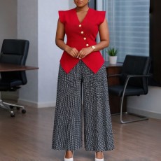 SC Plus Size Solid Color V Neck Tops Print Pants 2 Piece Set GATE-632