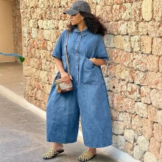 SC Short Sleeve Single Breated Button Denim Jumpsuit GAKF-60211