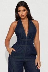 SC Denim Washed Halterneck Backless Jumpsuit LX-6078