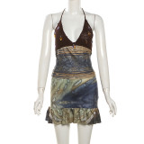 SC Halterneck Backless Print Two Piece Skirts Set XEF-K24S48837