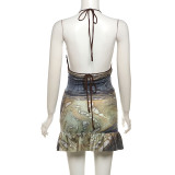 SC Halterneck Backless Print Two Piece Skirts Set XEF-K24S48837