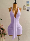 SC Deep V Neck Ruched Mini Dress GKYS-3045