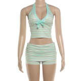 SC Stripe Halterneck V Neck Short Suit XEF-K6S08515A