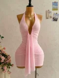 SC Deep V Neck Ruched Mini Dress GKYS-3045