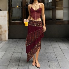 SC Sexy Halterneck Tassel Vest Long Skirt Suit XEF-K6S04936A