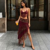 SC Sexy Halterneck Tassel Vest Long Skirt Suit XEF-K6S04936A