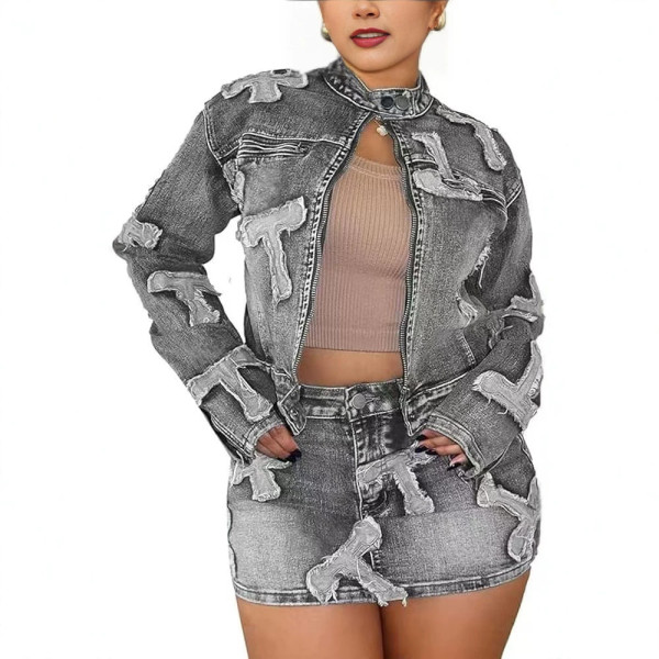 SC Denim Embroidered Jacket And Skirt Set YMEF-59110
