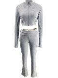 SC Long Sleeve Zipper Crop Top Two Piece Pants Set LS-0422