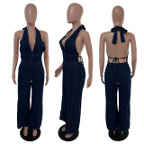 SC Denim Washed Halterneck Backless Jumpsuit LX-6078