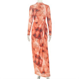 SC Color Block Print Long Sleeve Maxi Dress GJYO-JD305381