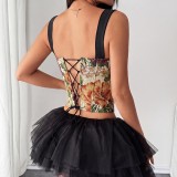 SC Print Tie Up Fishbone Sling Tank Tops GPBY-VE729