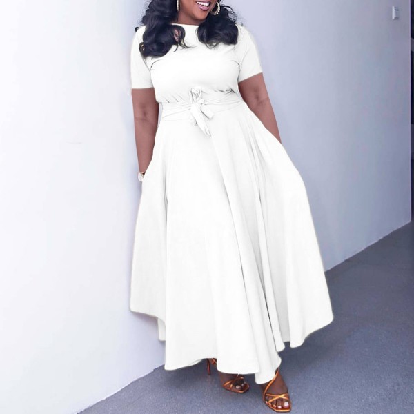 SC Plus Size Solid Color Tie Up Midi Dress GATE-3184