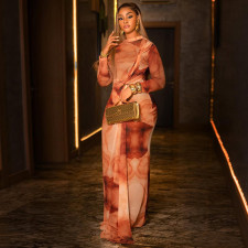 SC Color Block Print Long Sleeve Maxi Dress GJYO-JD305381