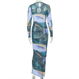 SC Long Sleeve Hollow Out Print Maxi Dress GJYO-JD305385