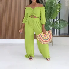 SC Solid Color Drawstring Top Wide Leg Pant Suit AIL-351