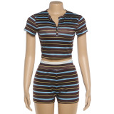 SC Stripe Lapel Short Sleeve Two Piece Shorts Set GZJQ-K6S09133A