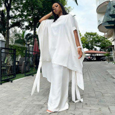 SC Plus Size Solid Color Shawl Top Wide Leg Pants Suit NNWF-8172