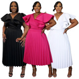 SC Plus Size Solid Color Ruffles Sleeve Midi Dress NNWF-8169