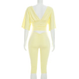 SC Deep V Neck Ruched Top Two Piece Pants Set MXBF-J26ST224
