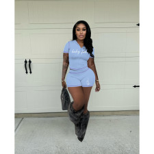 SC Letter Print Short Sleeve Sport 2 Piece Shorts Set FOSF-8853