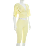 SC Deep V Neck Ruched Top Two Piece Pants Set MXBF-J26ST224