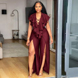 SC Plus Size Ruffles Wide Leg Split Jumpsuit NNWF-8179