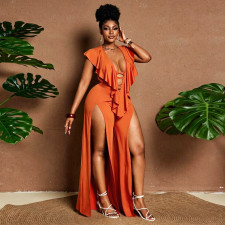 SC Plus Size Ruffles Wide Leg Split Jumpsuit NNWF-8179