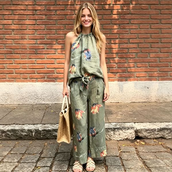 SC Print Sleeveless Loose Two Piece Pants Set SHD-8109