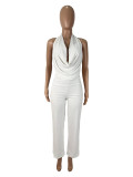SC Solid Color Halterneck Backless Mesh Pants Suit SHD-9541