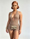 SC Stripe Halterneck Backless Romper MEM-88703
