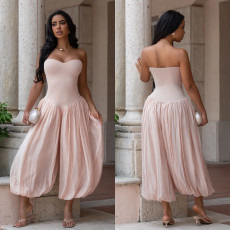 SC Solid Color Ruched Off Shoulder Jumpsuit BY-7717