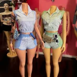 SC Stripe Lapel Sleeveless Two Piece Shorts Set GBGF-26582