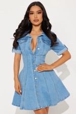 SC Short Sleeve Single Breasted Denim MIni Dress LX-6081