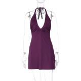 SC V Neck Solid Color Backless Mini Dress GLAG-D6321330F