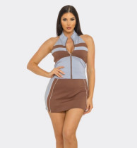 SC Color Block Zipper Top Two Piece Skirts Set GBGF-265283