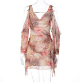 SC Print Backless Mesh Long Sleeve Mini Dress GLAG-D6421490G