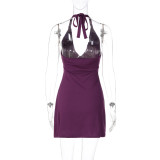 SC V Neck Solid Color Backless Mini Dress GLAG-D6321330F