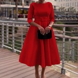 SC Plus Size Solid Color 3/4 Sleeve Midi Dress GATE-3307