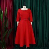 SC Plus Size Solid Color 3/4 Sleeve Midi Dress GATE-3307