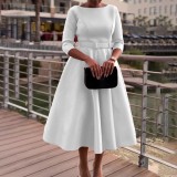 SC Plus Size Solid Color 3/4 Sleeve Midi Dress GATE-3307