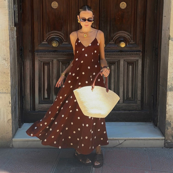 SC Polka Dots Print V Neck Sling Maxi Dress GPKJ-MR42401