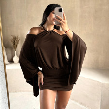 SC Solid Color Off Shoulder Backless Mini Dress GDSF-D26DS177