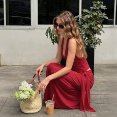 SC Solid Color Halterneck Backless Two Piece Skirts Set GLAG-S6321405H