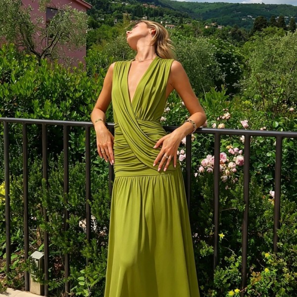 SC Ruched V Neck Sleeveless Maxi Dress GLAG-D6421524H