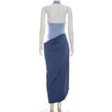 SC Contrast Color Halterneck Irregular Maxi Dress GDSF-D26DS176