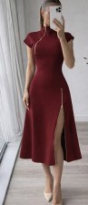 SC Solid Color Zipper Split Midi Dress QODY-6077