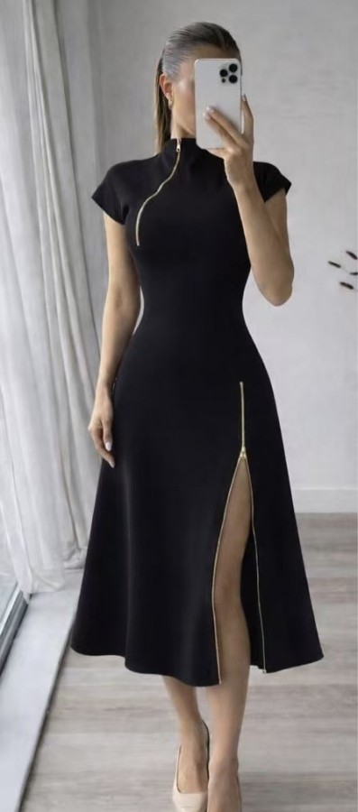 SC Solid Color Zipper Split Midi Dress QODY-6077