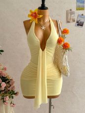 SC Solid Color Halterneck Ruched Mini Dress GXIY-K26L2515