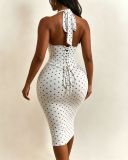 SC Halterneck Polka Dot Print Midi Dress(YMEF-59112